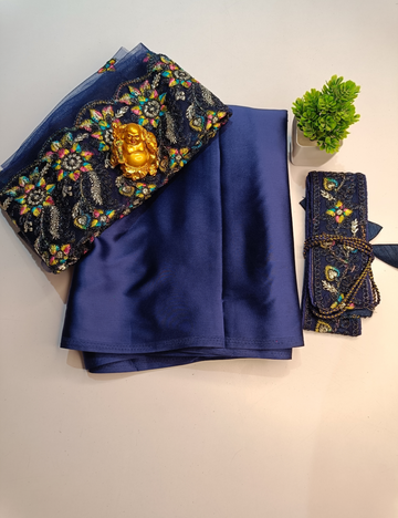 Blue Color  Satin Saree  with Embroidered Blouse and  Belt