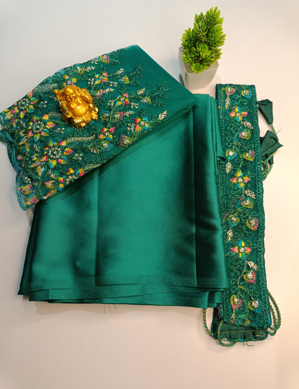 Emerald green color Chic Satin Saree Set with Belt