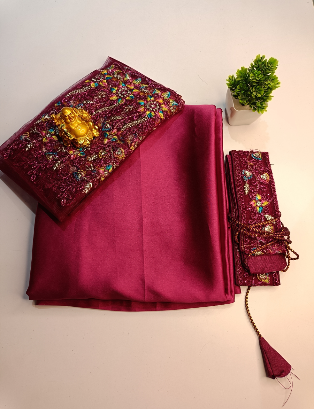 Wine Pink Color Chic Satin Saree Set with Belt