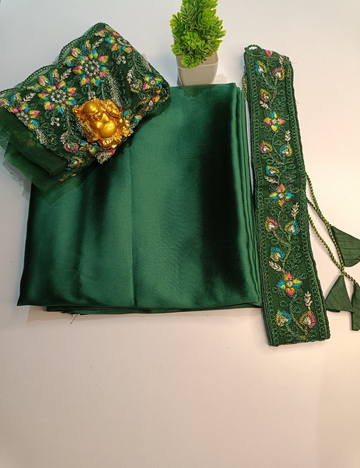 Green Color Chic Satin Saree Set with Belt