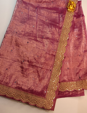 Crushed Tissue Saree with Mirror Work & Embellished Lace Border (including worked blouse)