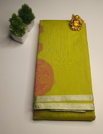 Silk Cotton Saree in Light Green and Mustard (including blouse)