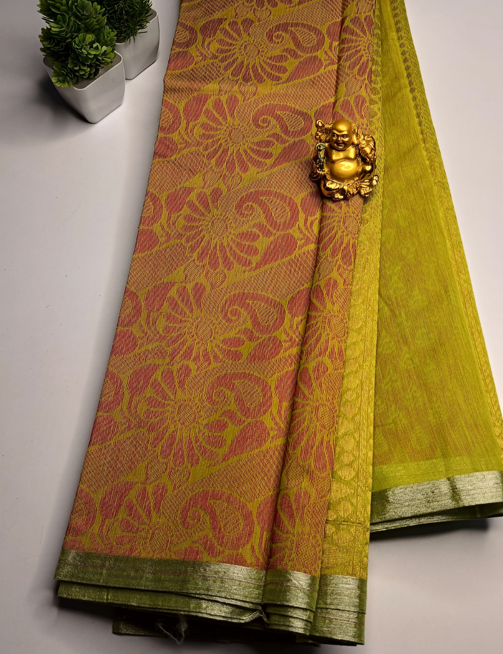 Silk Cotton Saree in Light Green and Mustard (including blouse)