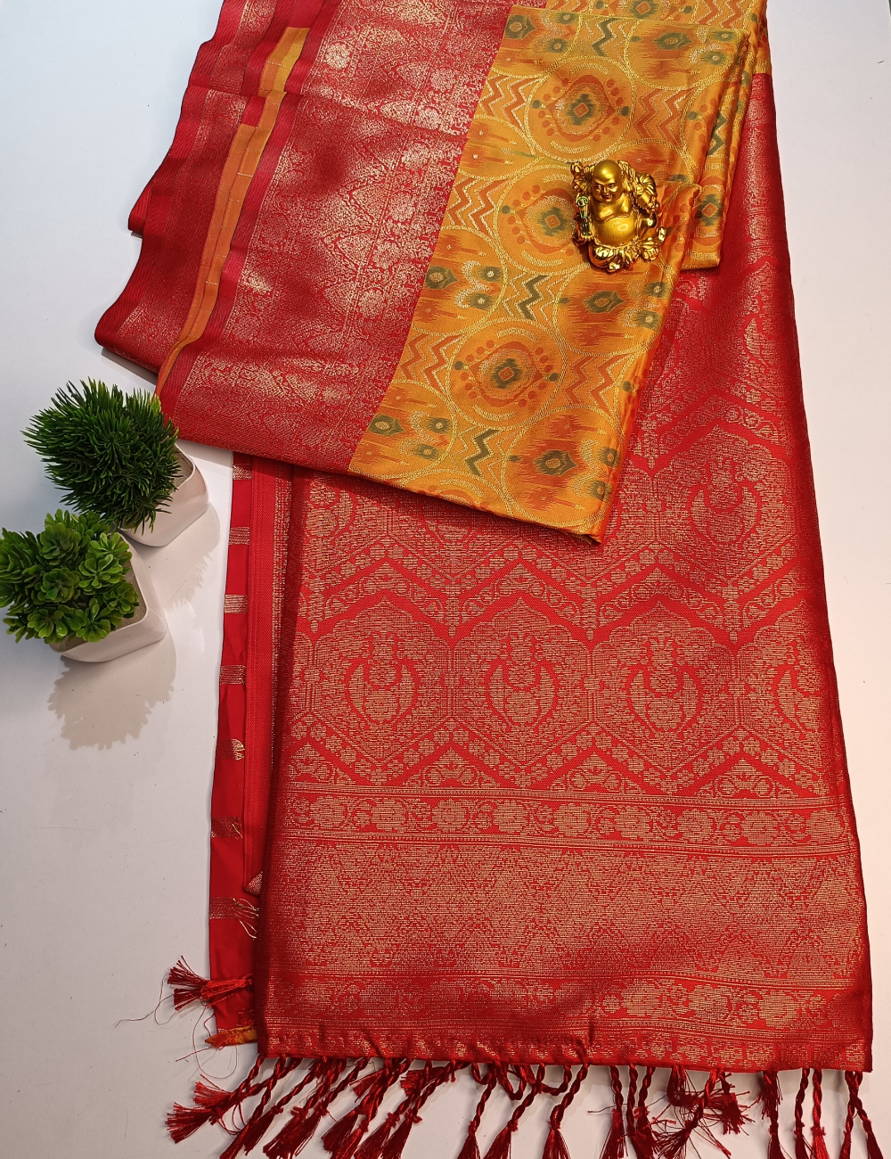 Orange with Contrast Border Pochampally Soft Silk Saree with blouse piece