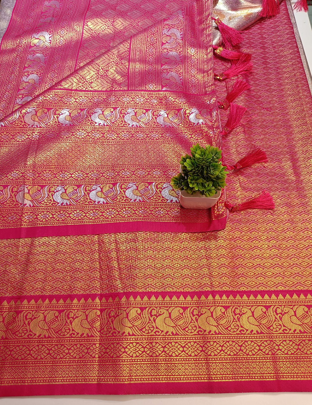 Delicate Floral Silk Saree with Elegant Pink Contrast Border