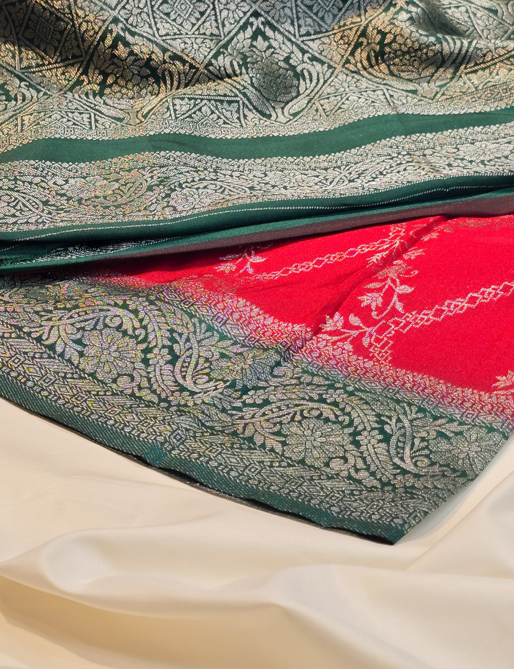 Cherry red Soft Banarasi Saree with Contrast border, Pallu and Blouse Piece