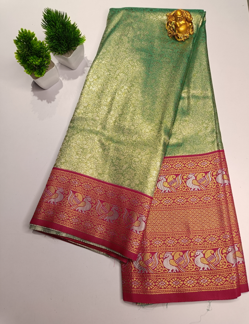 Pastel Green Colour Silk Saree with  Pink Contrast Border and blouse
