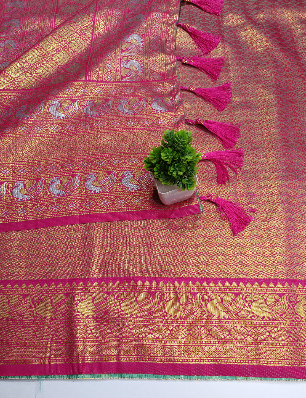 Pastel Green Colour Silk Saree with  Pink Contrast Border and blouse