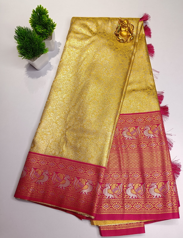 Golden Yellow Colour Silk Saree with Pink Contrast Border and blouse