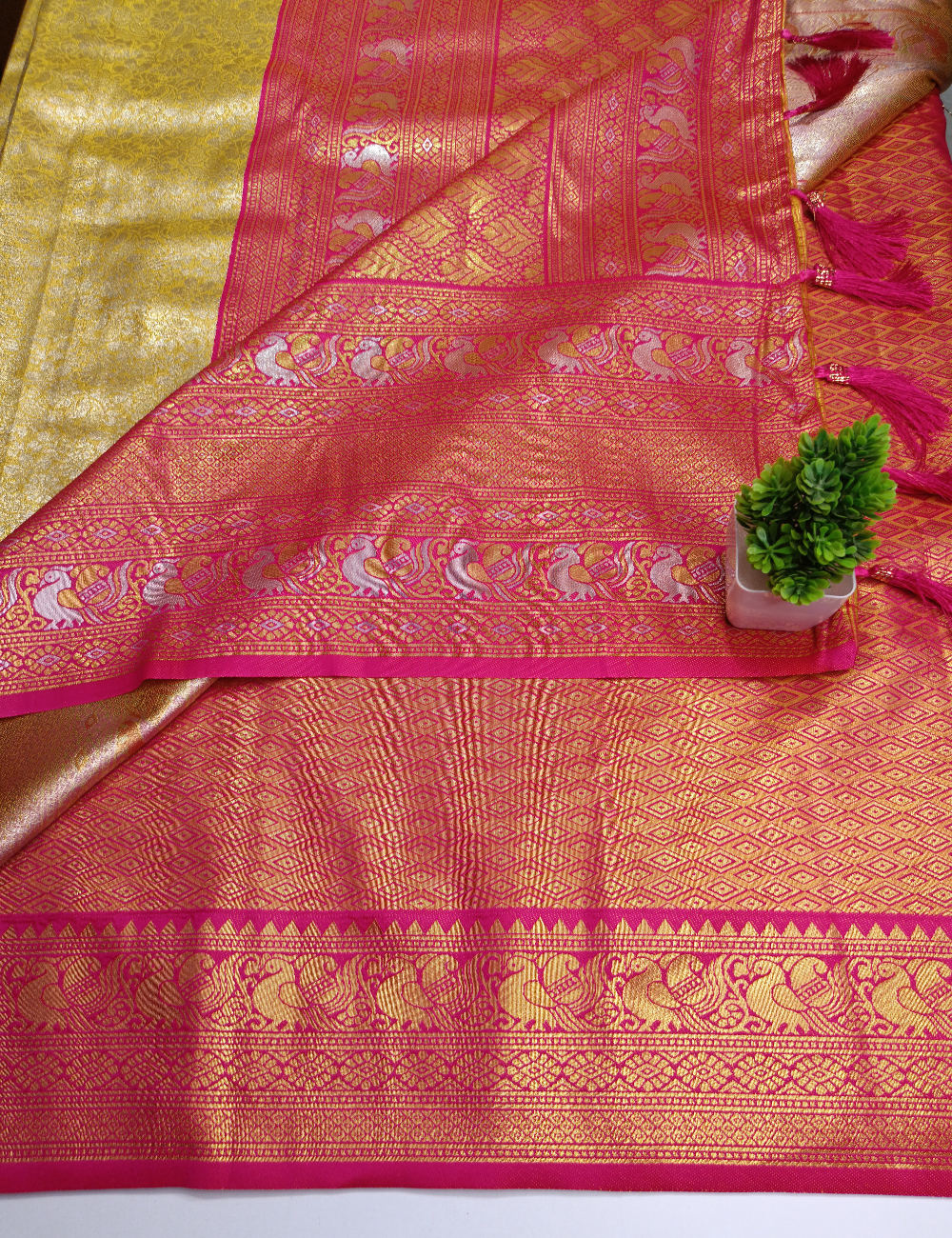 Golden Yellow Colour Silk Saree with Pink Contrast Border and blouse