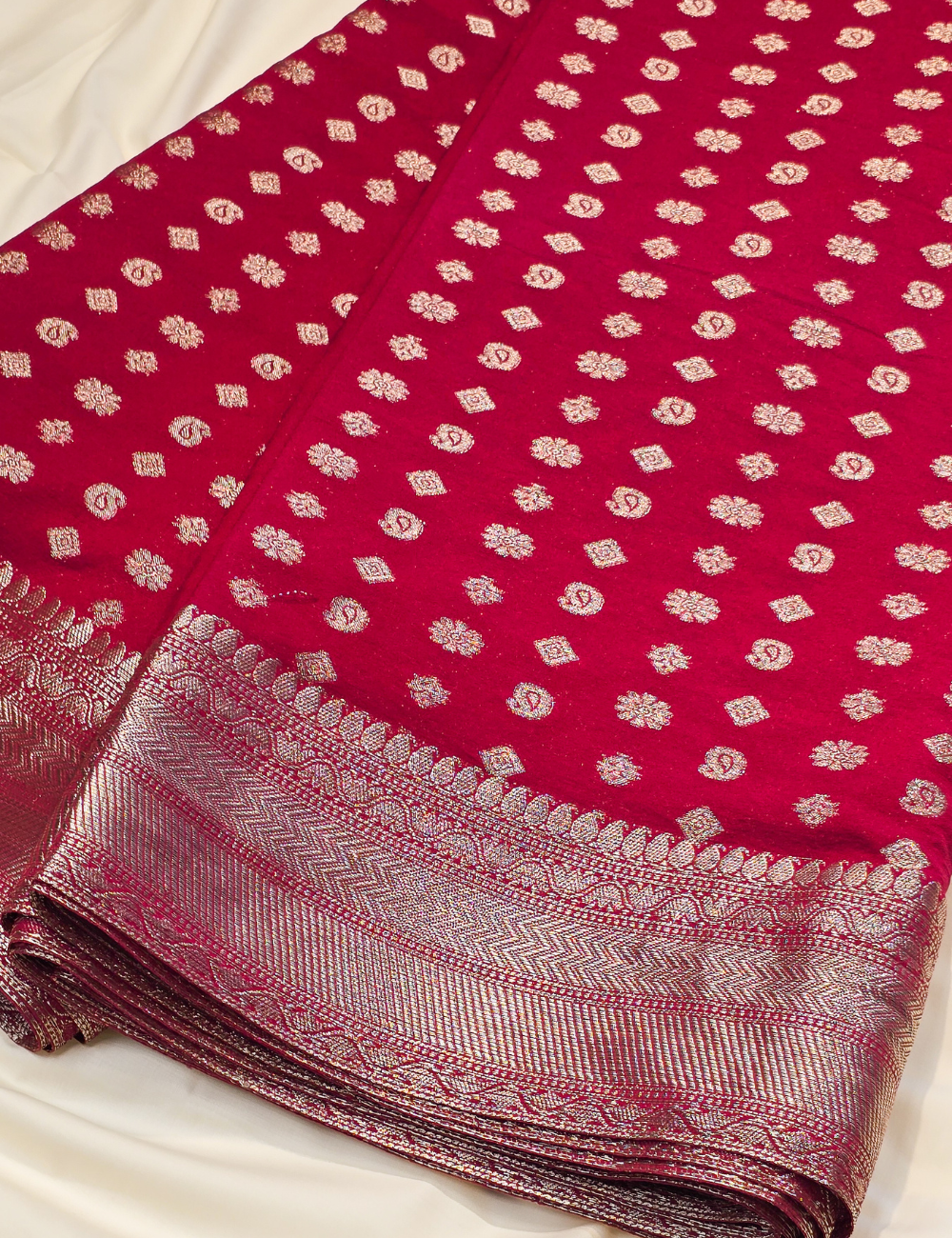 Merown Red Banarasi Saree with Silver zari design (including blouse piece