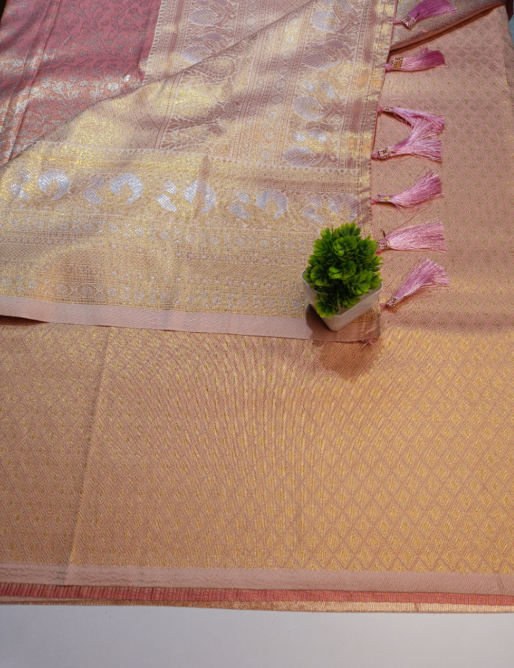 Peach Colour Silk Saree with Silver Zari Border and blouse piece