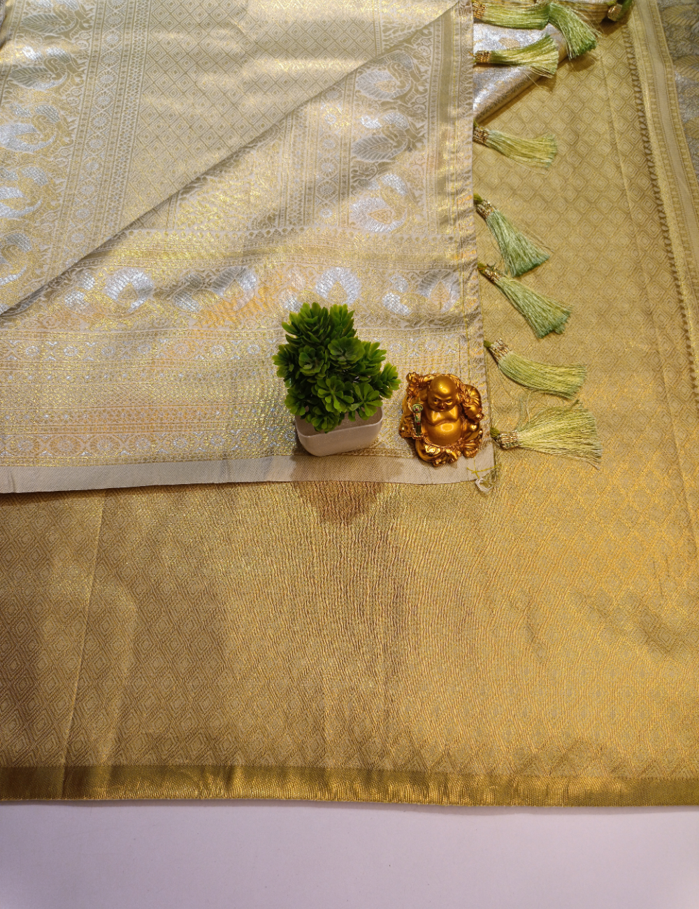 Pista Green Silk Saree with Silver Zari Border and blouse piece