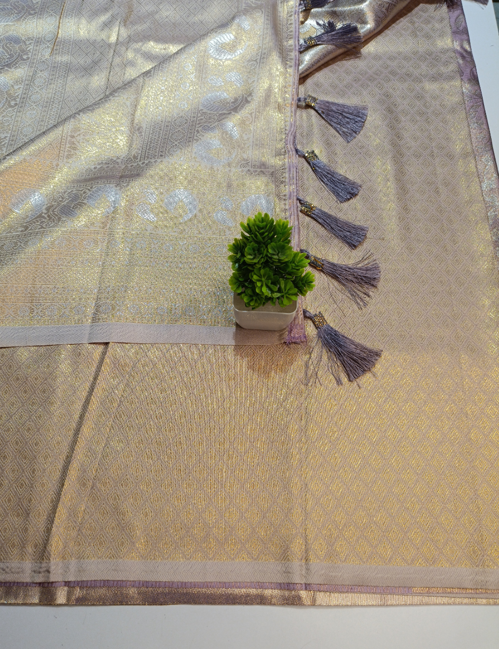 Dusty Lavender Silk Saree with Silver Zari Border and blouse piece