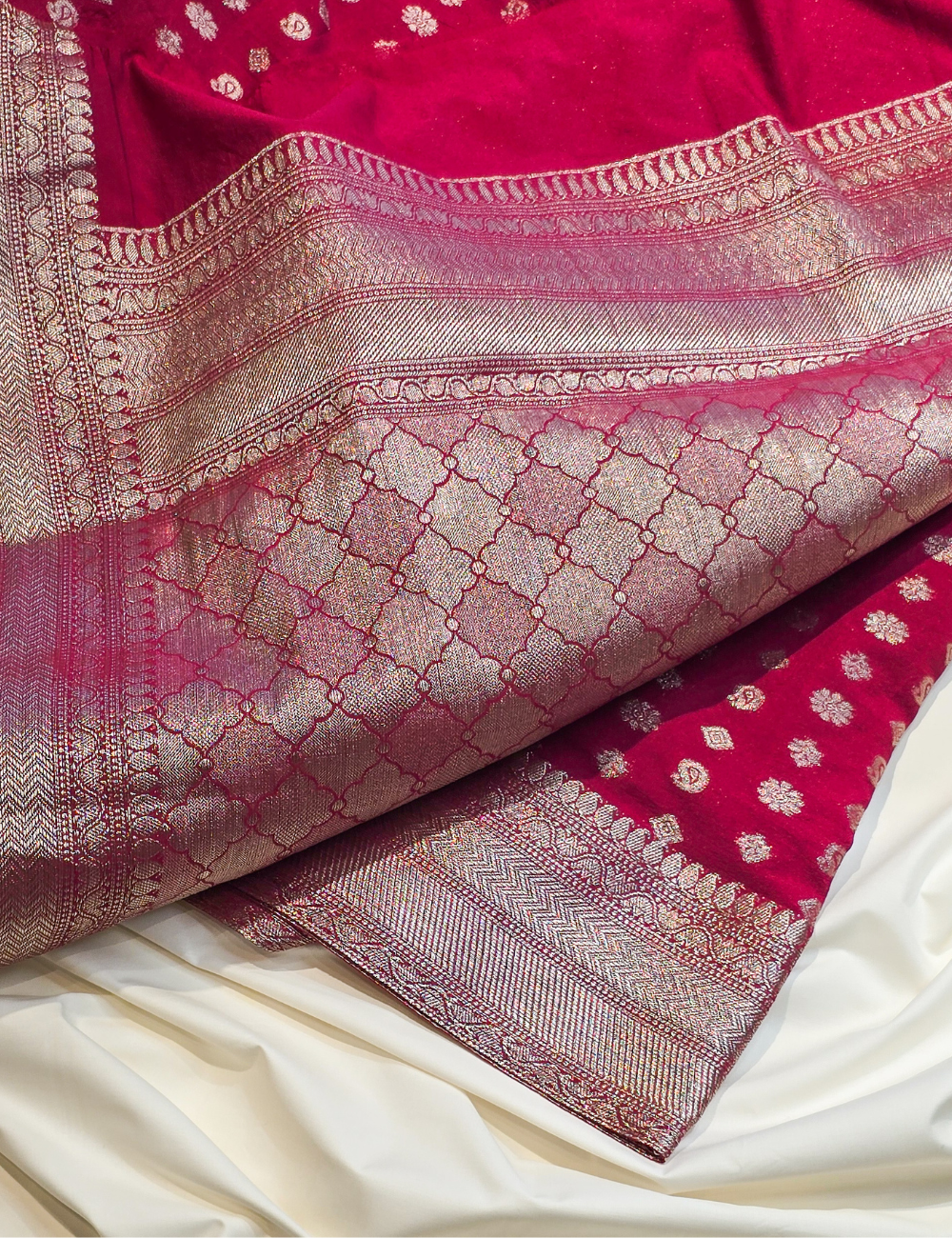 Merown Red Banarasi Saree with Silver zari design (including blouse piece