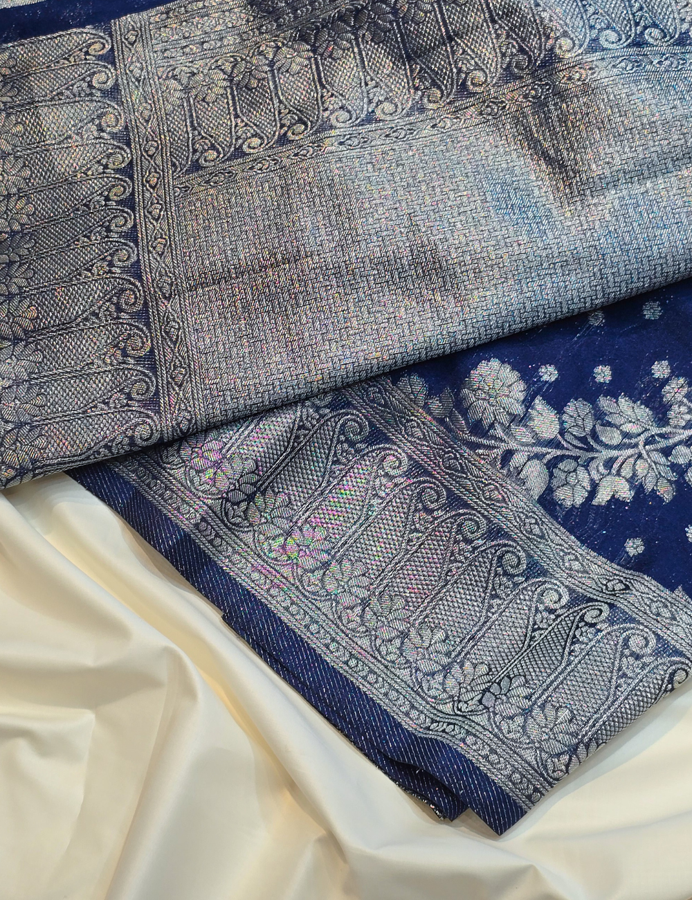 Navy Blue Soft Banarasi Saree with Silver Zari and Blouse Piece