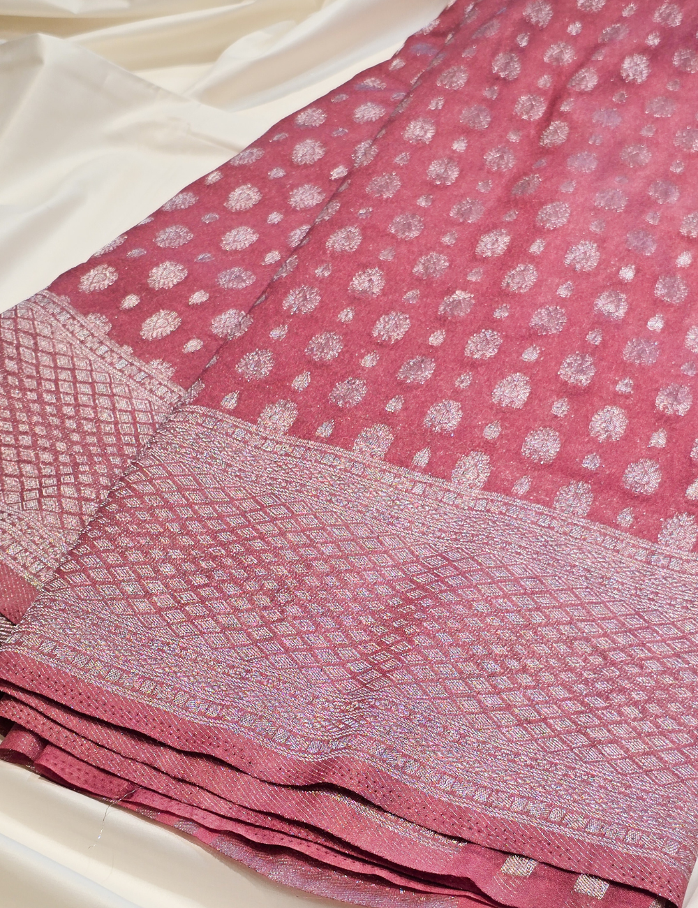 Peach Soft Banarasi Saree with silver Zari and Blouse
