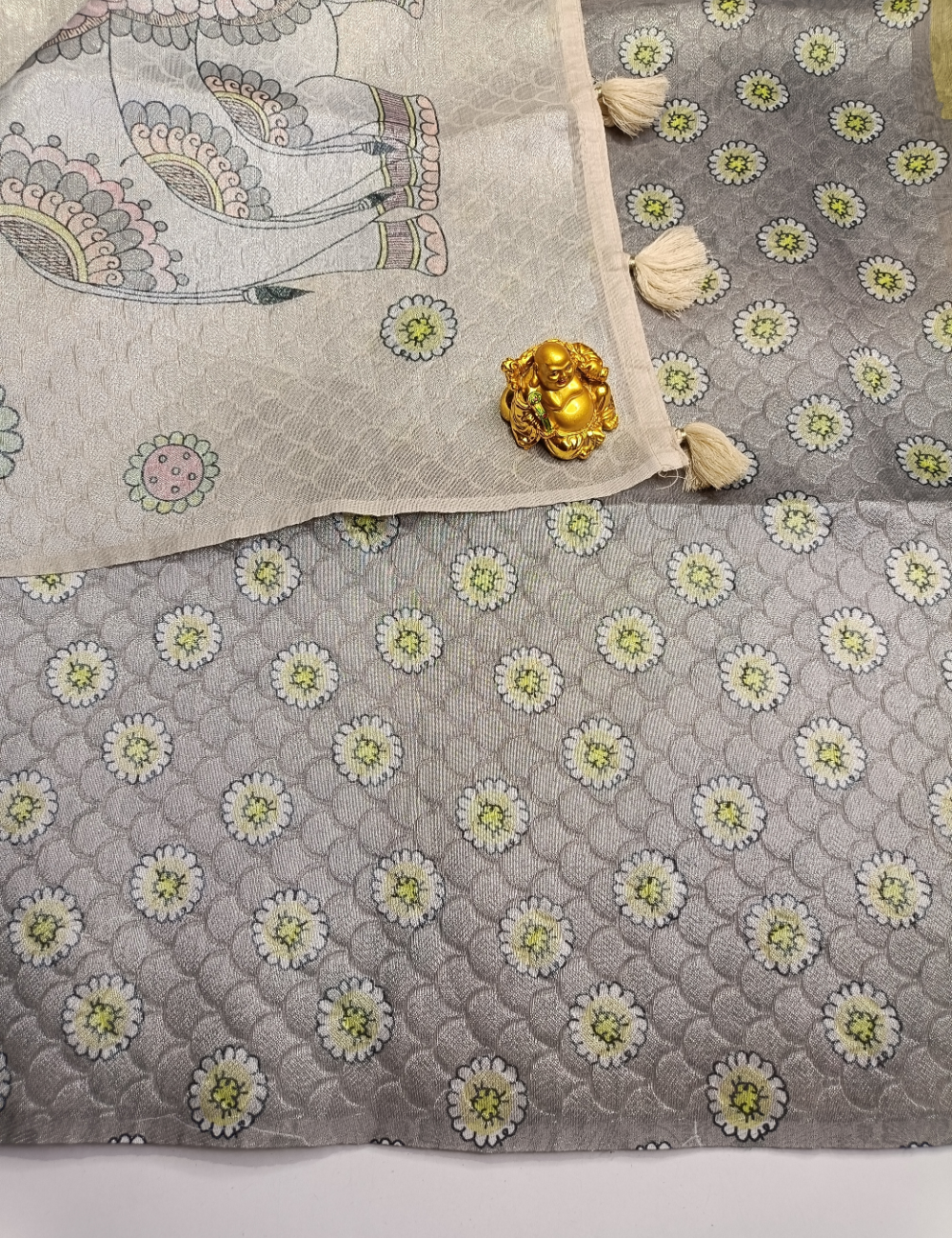 Chanderi Cotton Saree with Thread Work & Elephant Print with Grey Blouse