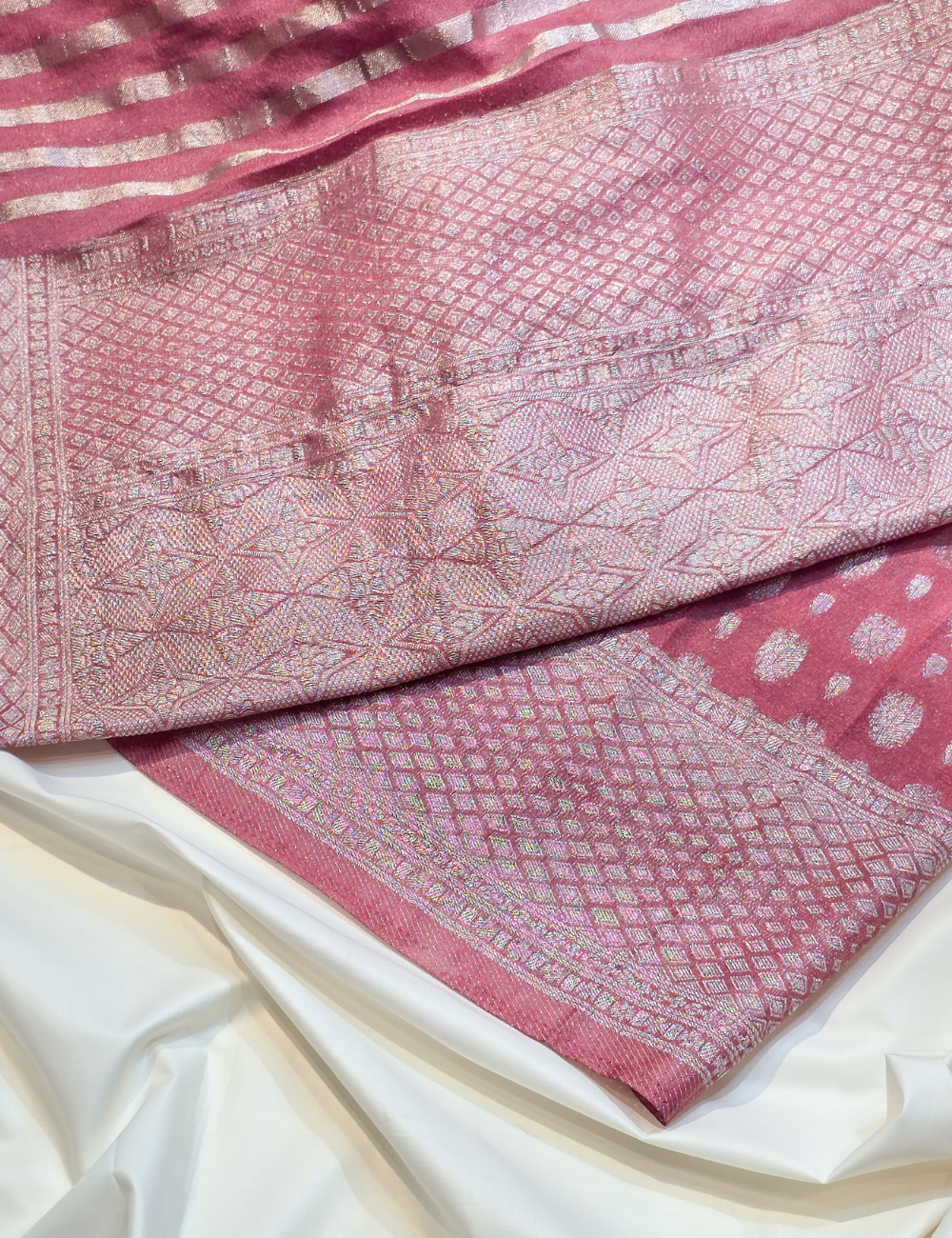 Peach Soft Banarasi Saree with silver Zari and Blouse