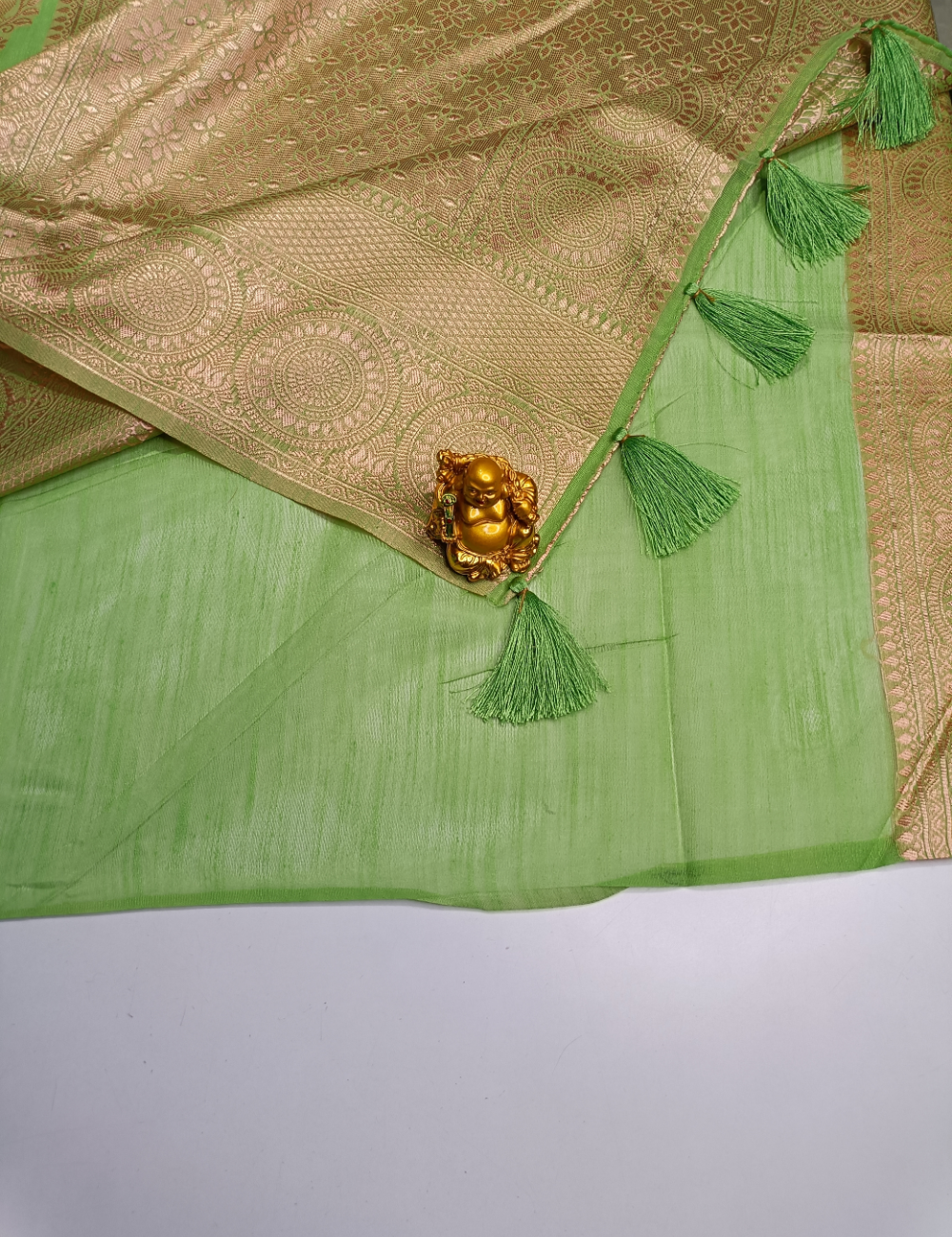 Green Tussar Cotton Saree with Gold Border & Peacock Design included blouse piece