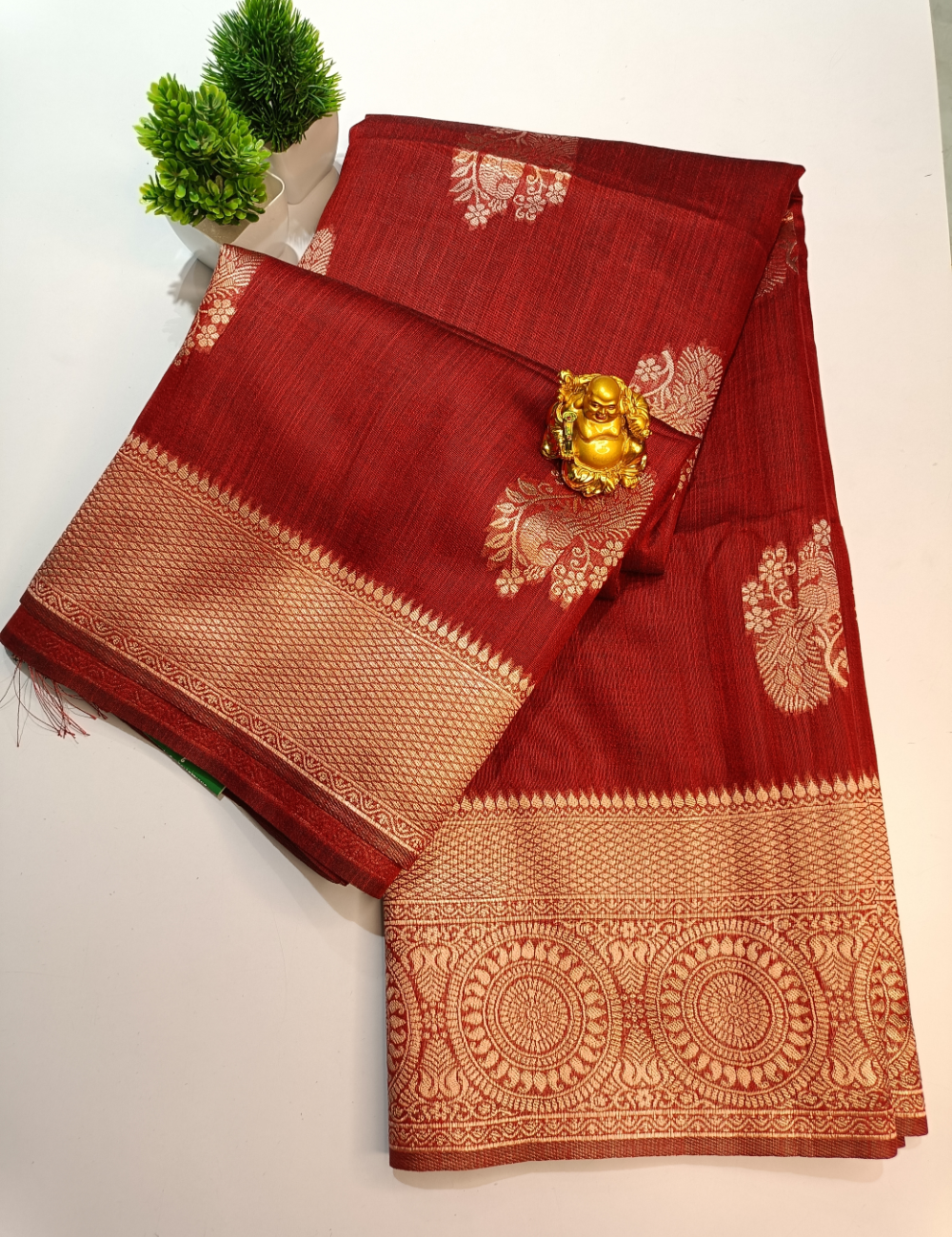 Dark Red Tussar Cotton Saree with Gold Border & Peacock Design with blouse