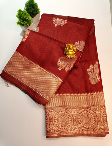 Dark Red Tussar Cotton Saree with Gold Border & Peacock Design with blouse
