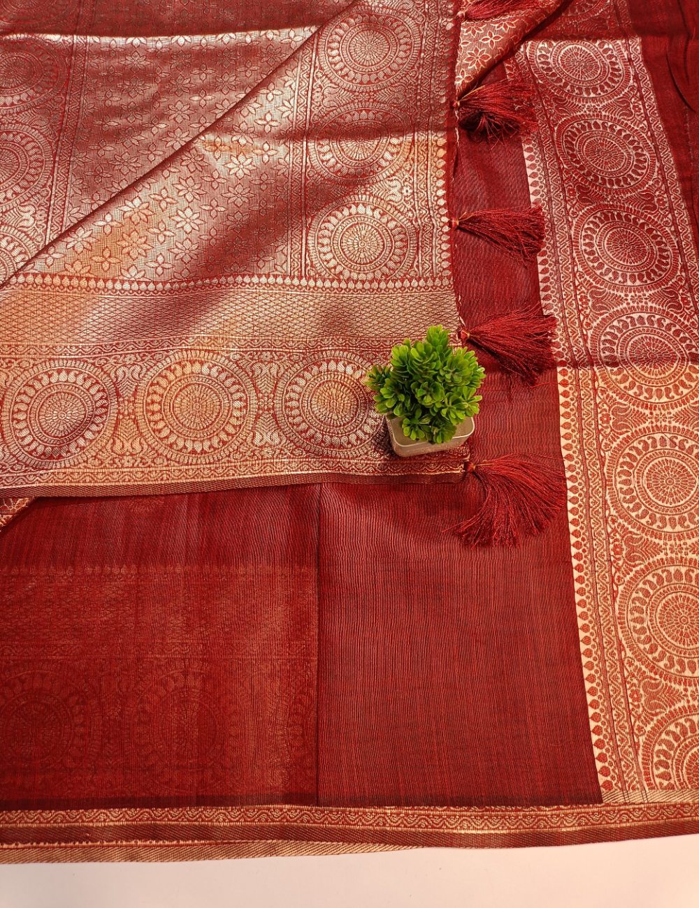Dark Red Tussar Cotton Saree with Gold Border & Peacock Design with blouse
