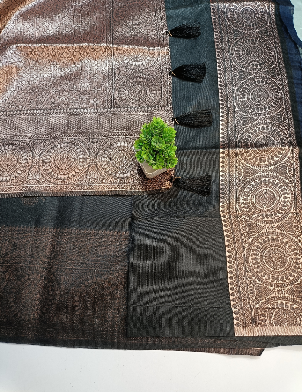 Black Tussar Cotton Saree with Gold Border & Peacock Design with blouse