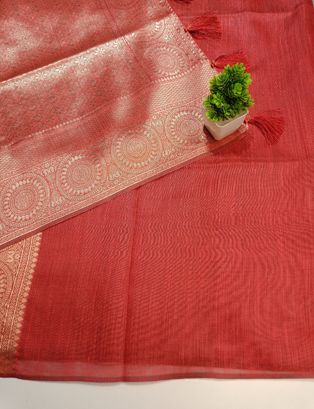 Meroon Tussar Cotton Saree with Gold Border & Peacock Design with blouse