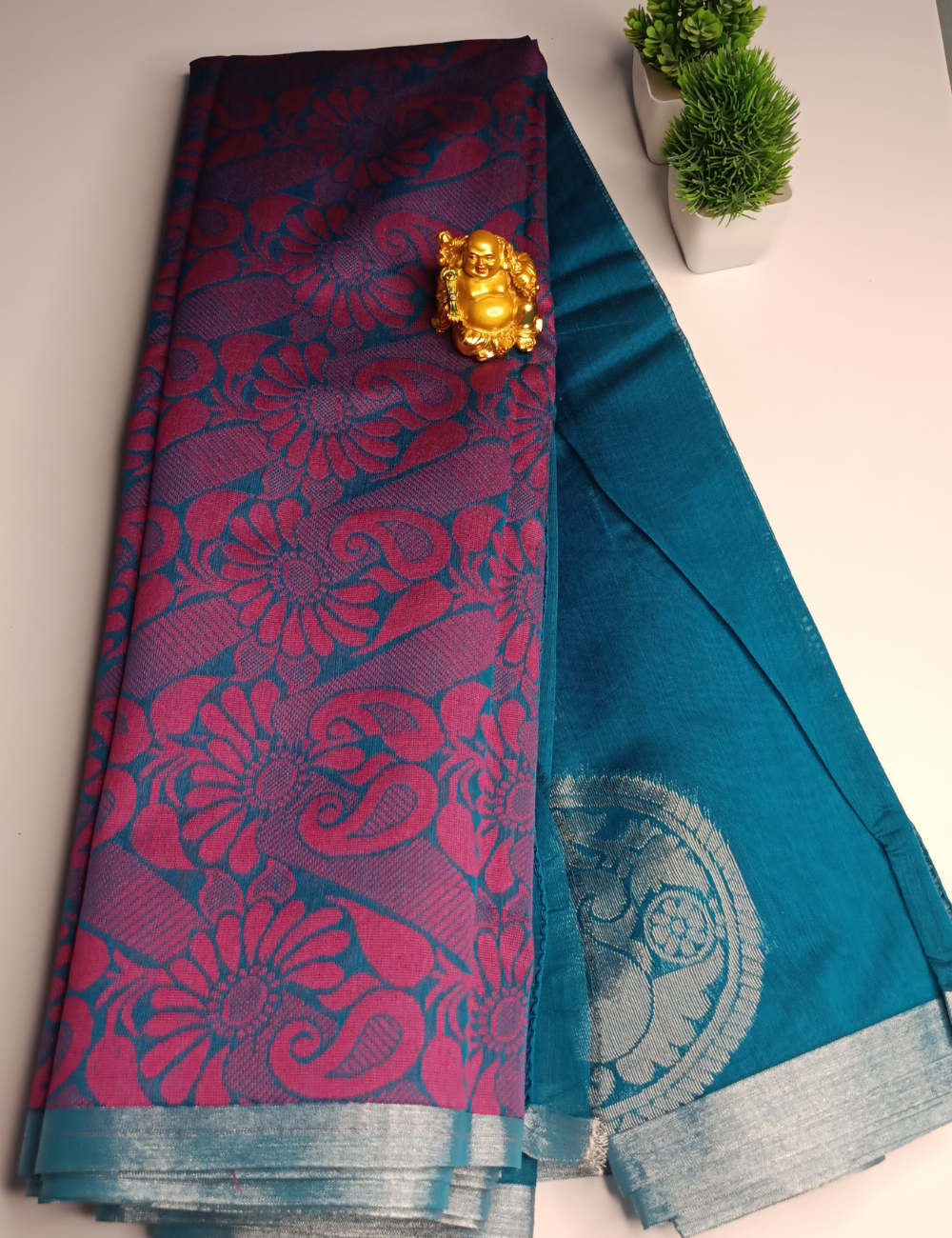 Peacock Blue with Pink Contrast Silk Cotton Saree (including blouse)