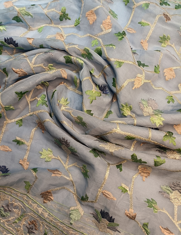 Gray Color Tissue Saree with Intricate Thread Embroidery including blouse piece