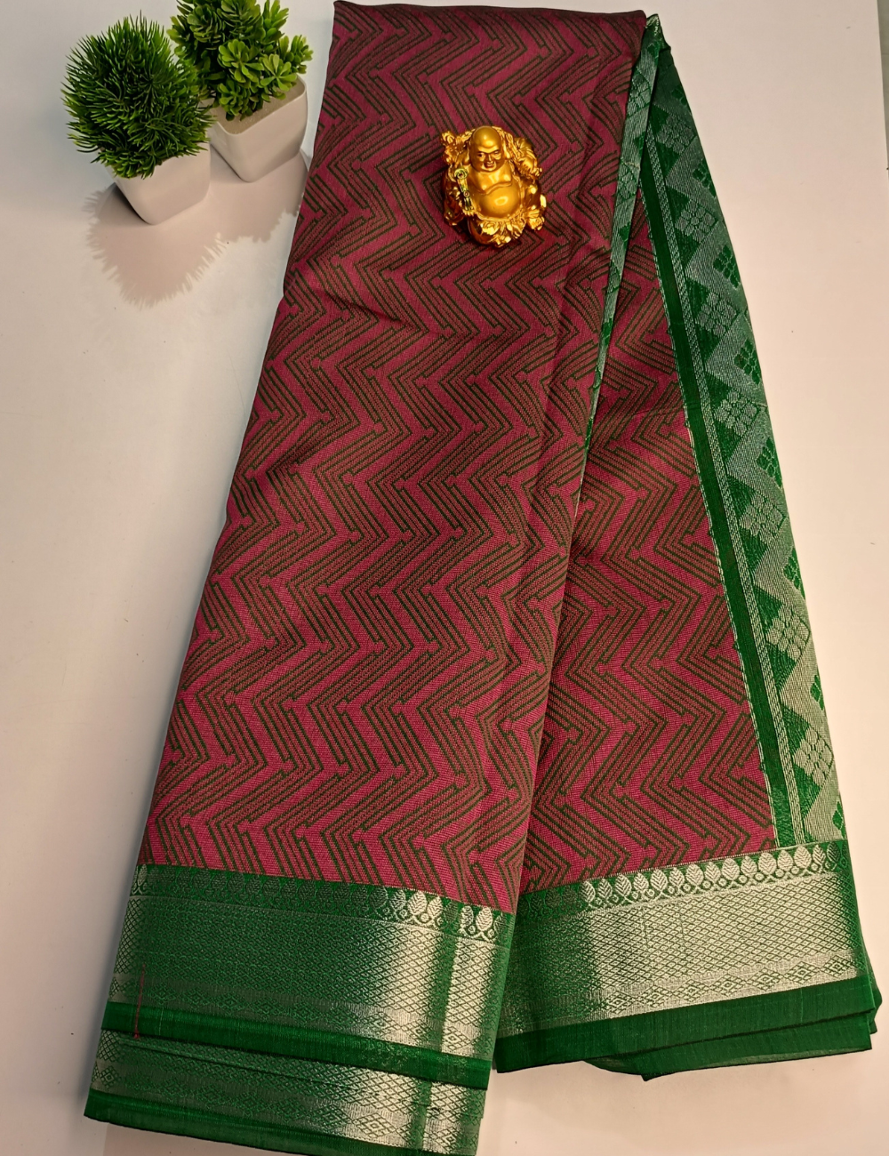 Green Silk Cotton Saree with  Silver Border (including blouse)