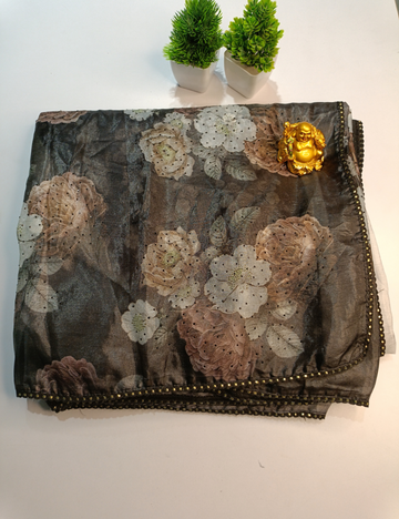 Crushed Tissue Saree in Black & White with Elegant Floral Detailing