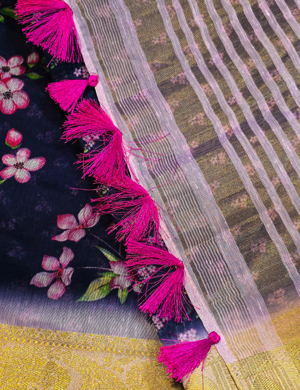 Navy Blue Soft Chanderi Cotton in Floral Design with Blouse Piece