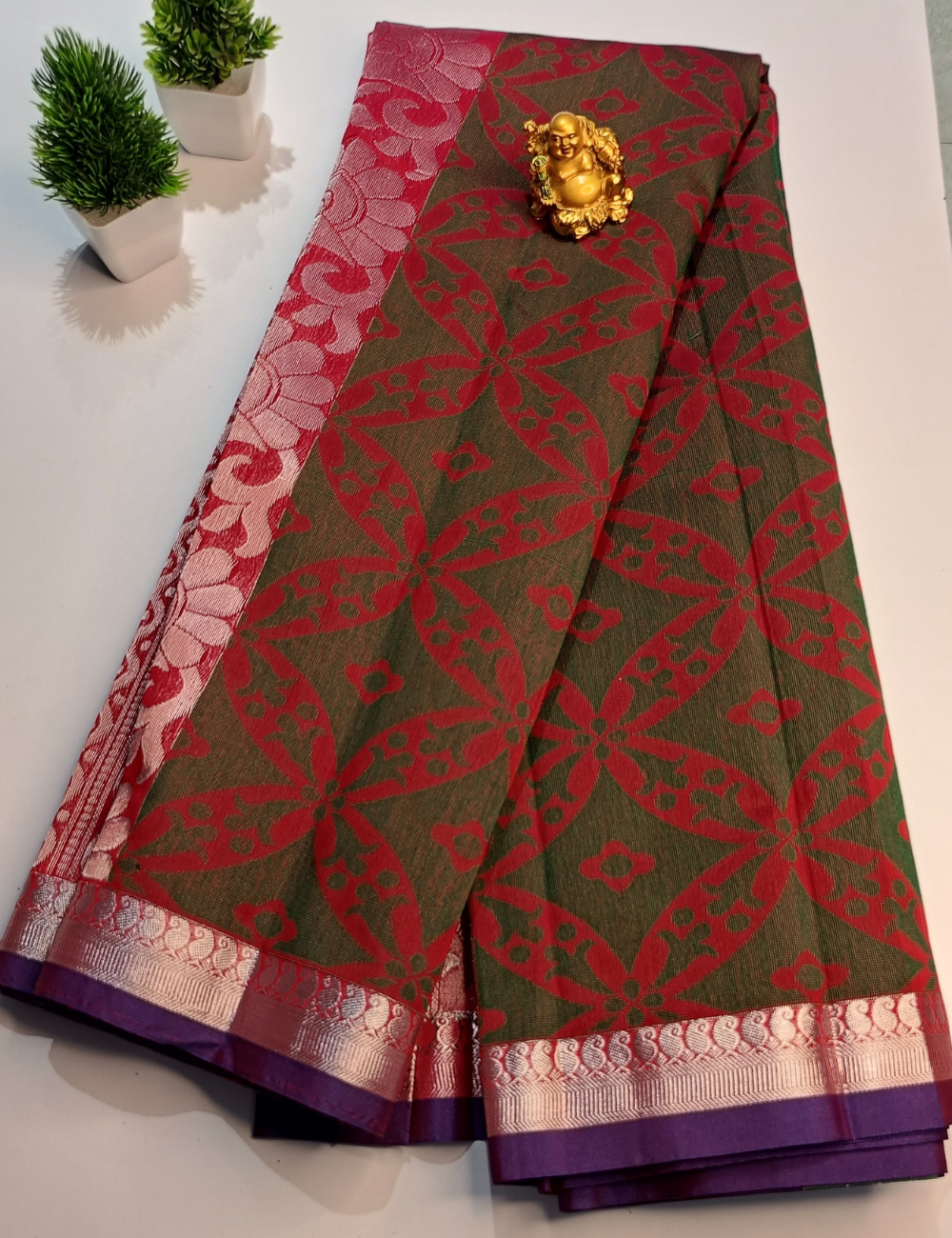 Cherry Red Saree Highlighted with Silver Zari Work