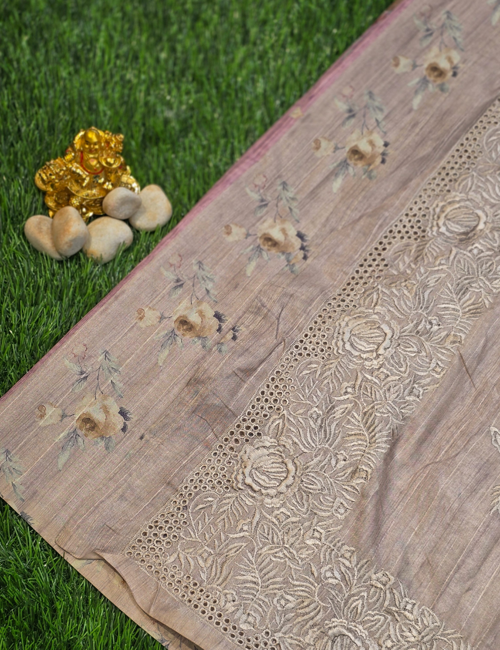 Pastel Pink Soft Cotton Floral Saree with cutwork border (and Blouse Piece)