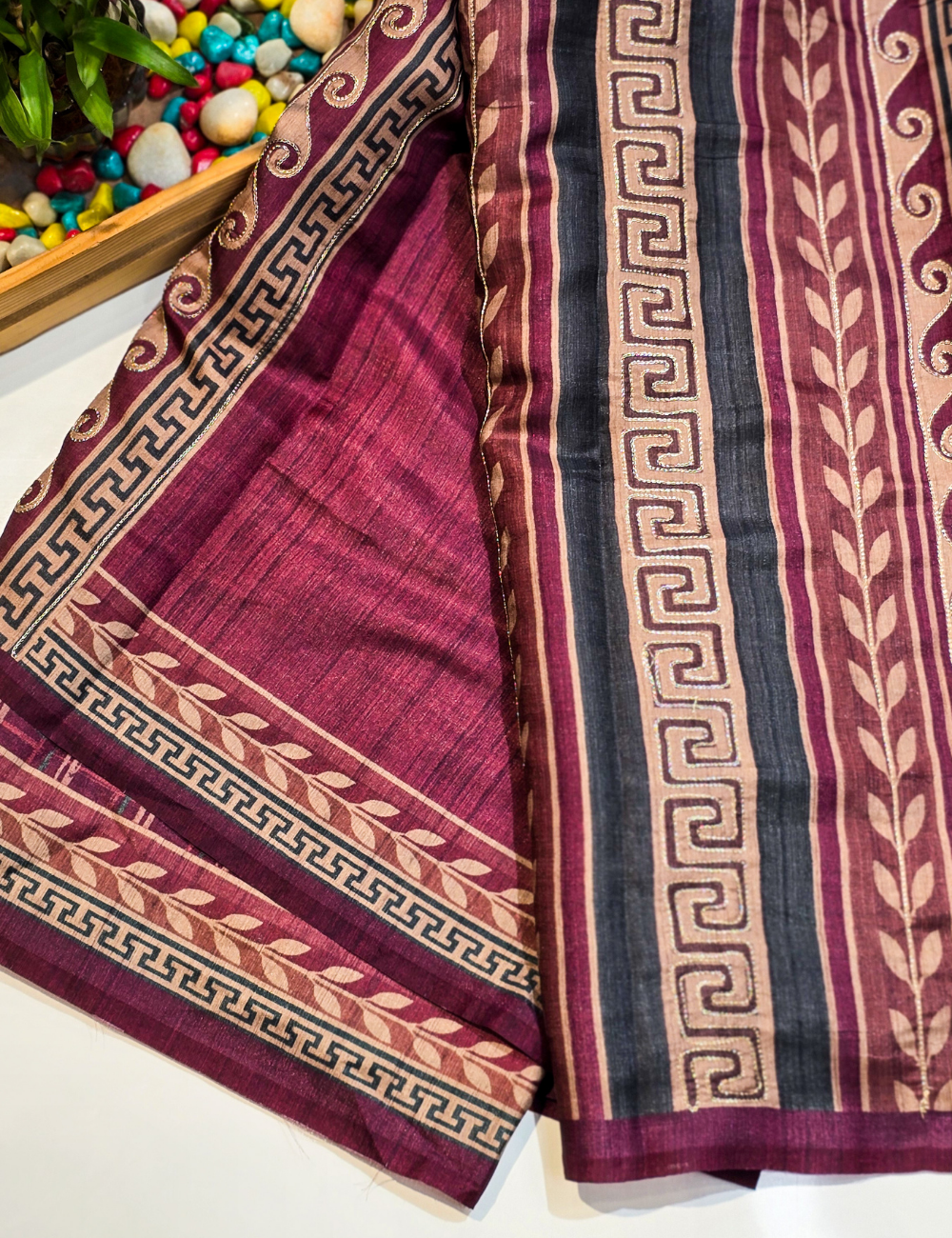 Wine Red Soft Cotton Saree with Zari-Outlined Floral Design along with blouse piece