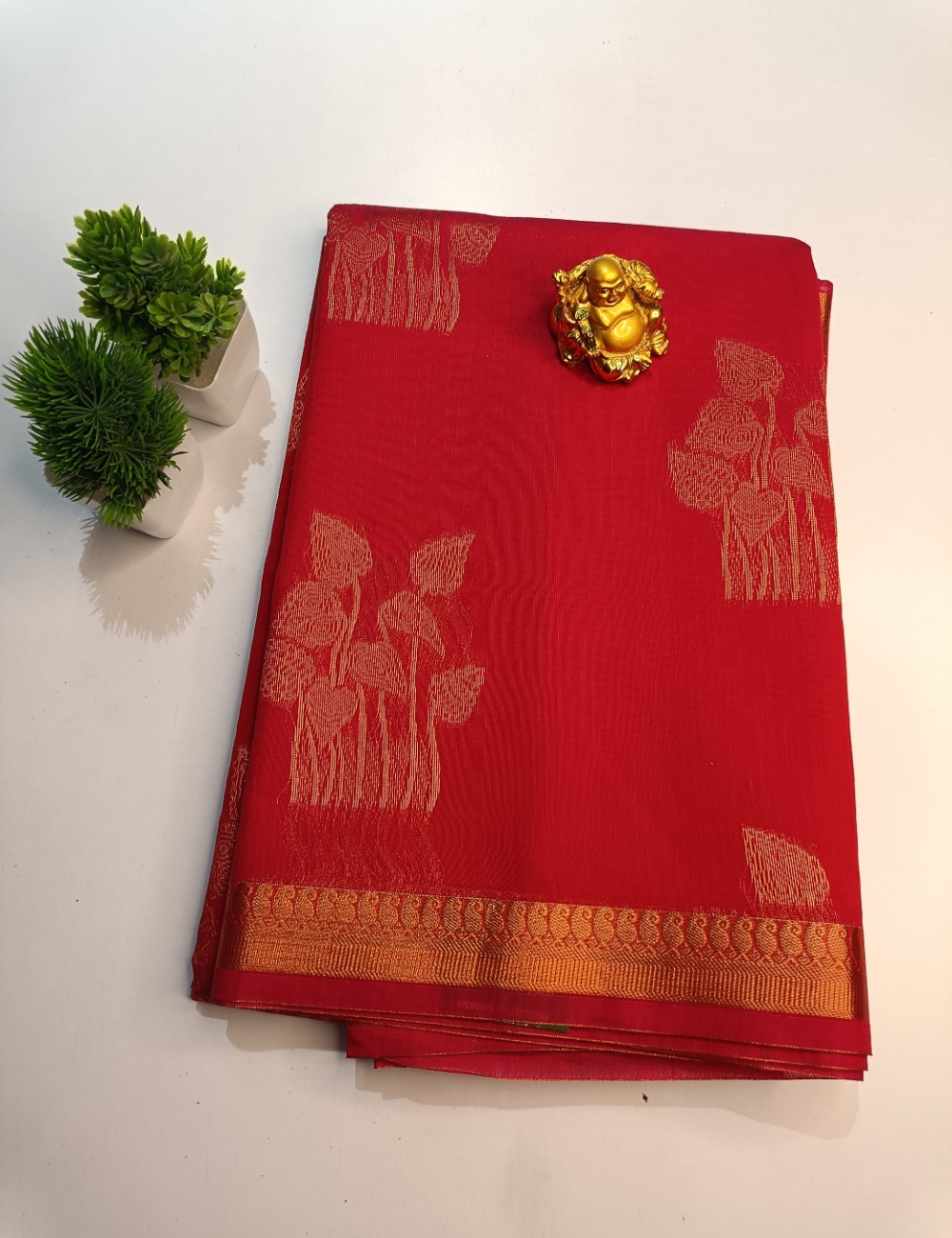 Red Silk Cotton Saree with Copper Zari (including blouse)