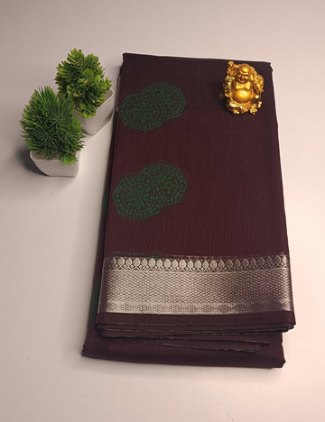Rich Brown Saree with Bottle Green Pallu and Lustrous Silver Border