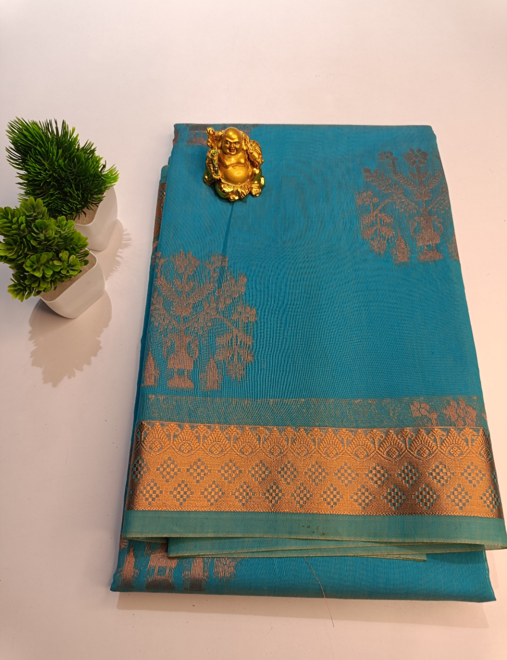 Sky Blue Silk Cotton Saree Highlighted with Copper Zari Design (including blouse)