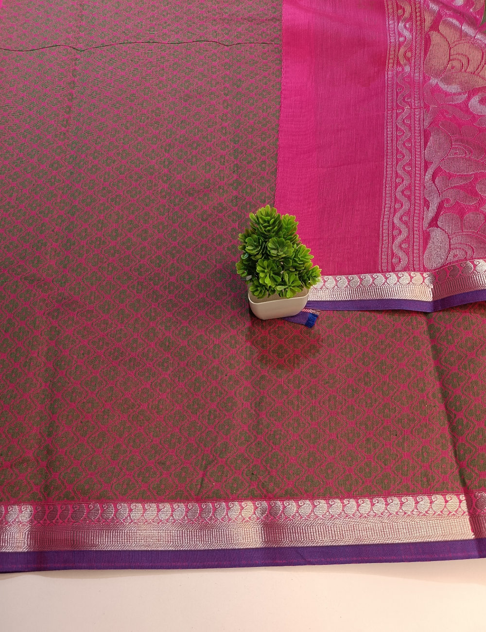 Pink Saree with Green Brocade Silk Cotton Saree