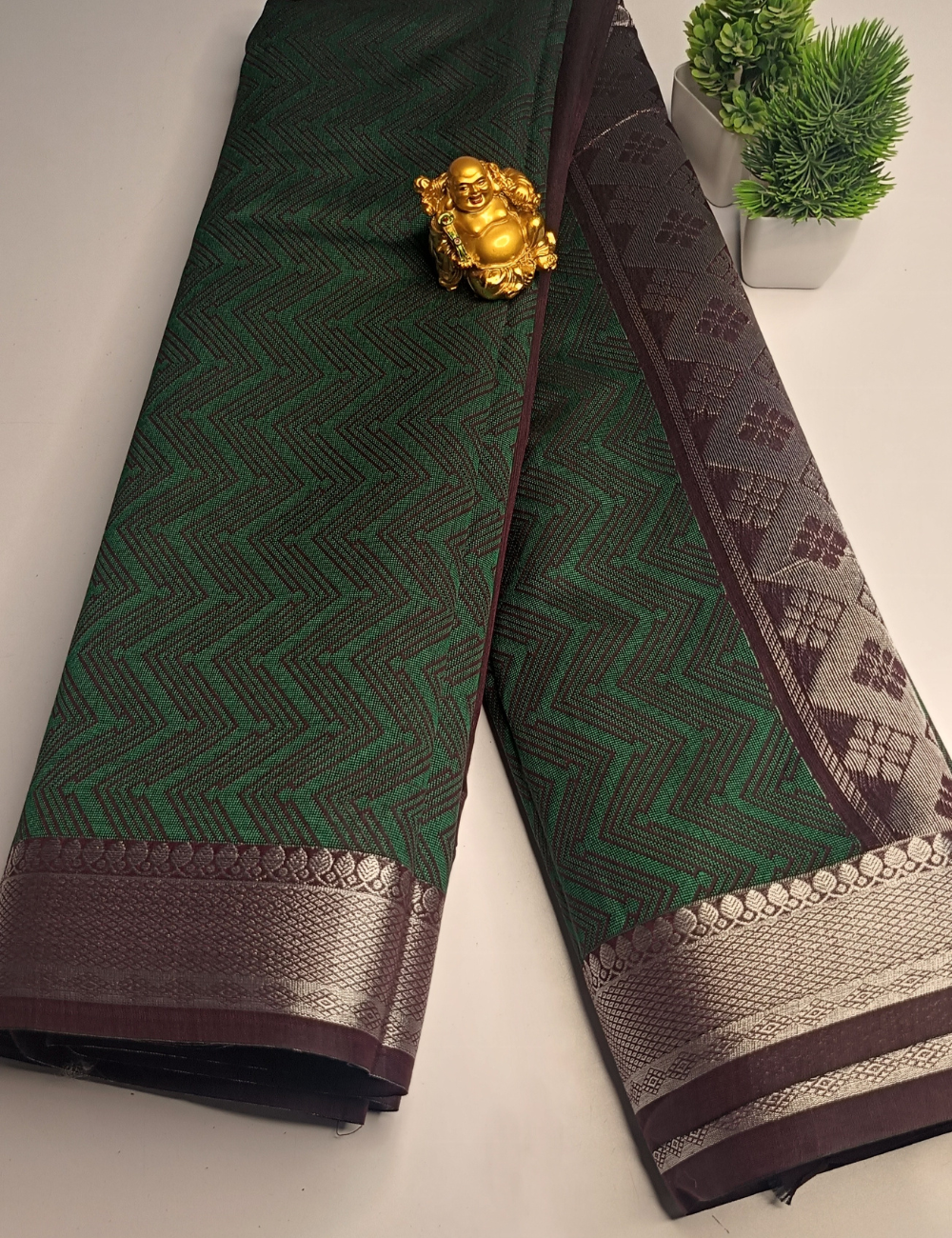 Brown with Bottle Green Pallu Silk Cotton Saree (including Blouse)
