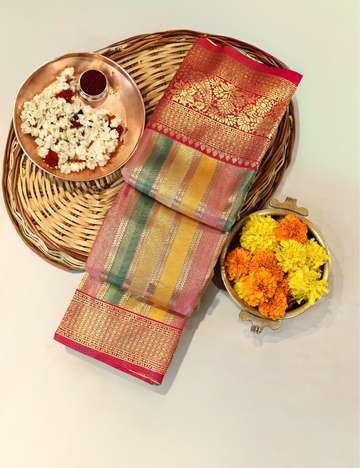 Multicolor Silk Saree with Bold Contrast Pallu and blouse piece