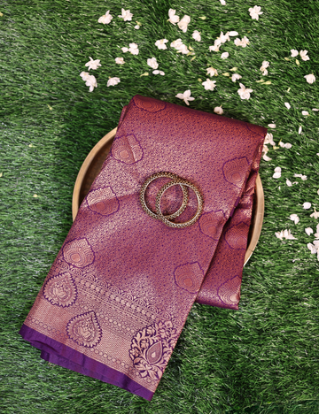 Violet Silk Saree with  Gold Zari Running blouse piece