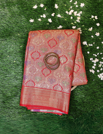 Red Silk Saree with Golden Zari border ( included with blousse piece)