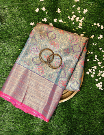 Green & Pink Bridal Silk Saree with Contrast blouse piece