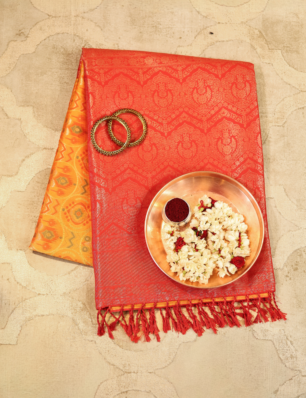 Orange with Contrast Border Pochampally Soft Silk Saree with blouse piece