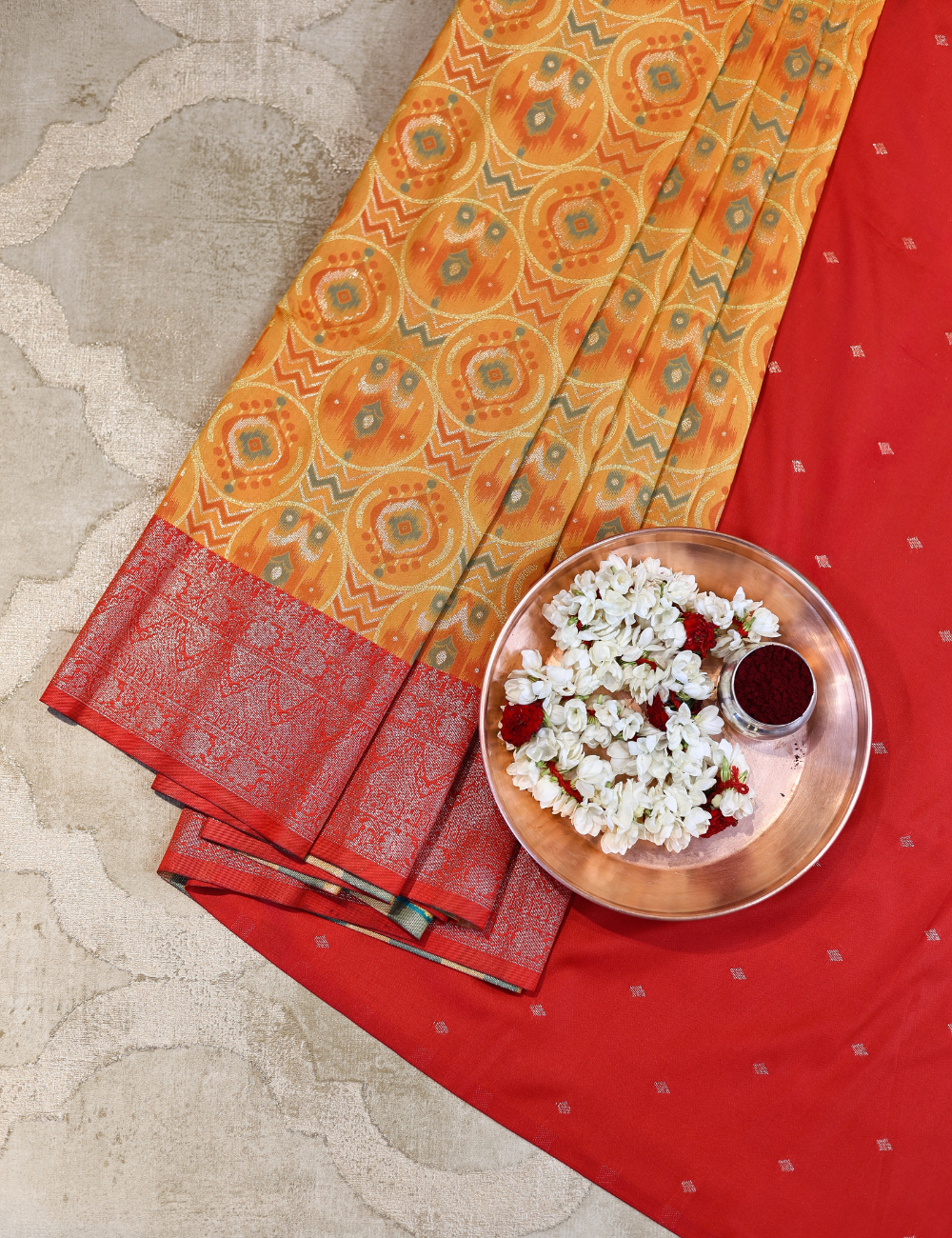 Orange with Contrast Border Pochampally Soft Silk Saree with blouse piece