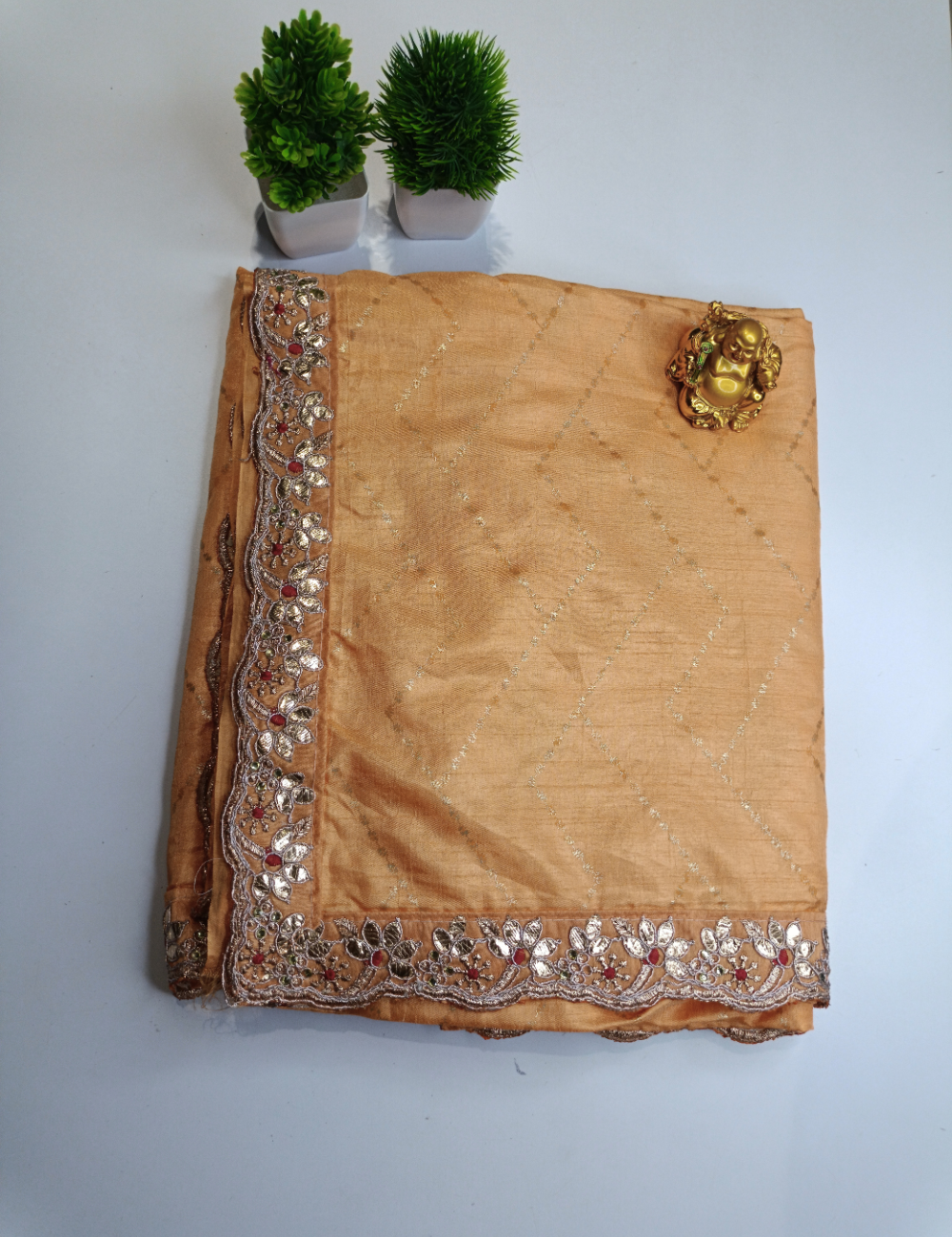 Peach color Designer Saree with Contrast Border and Blouse