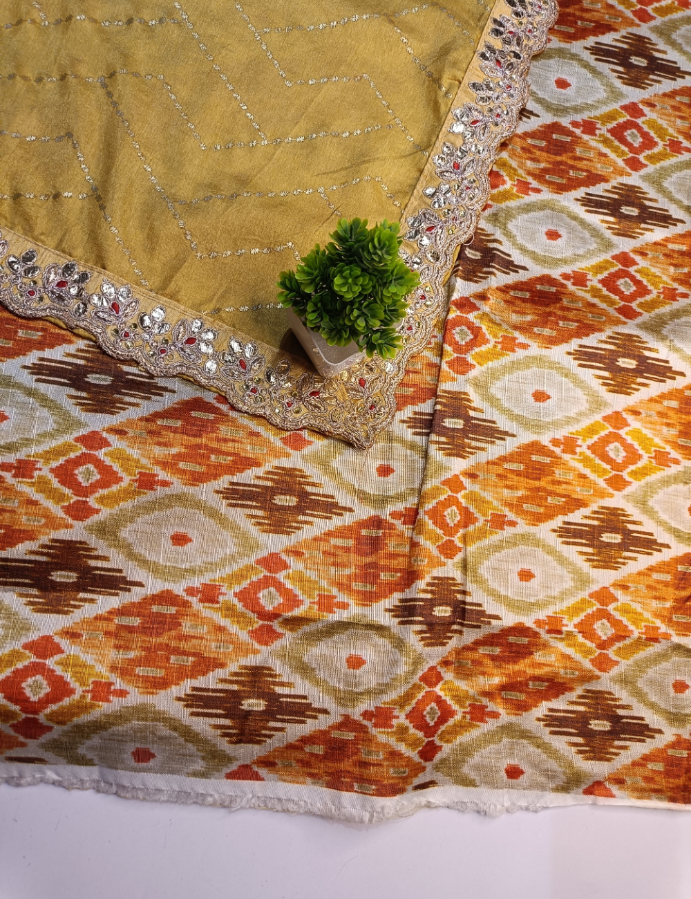Mustard color Designer Saree with Contrast Border and Blouse